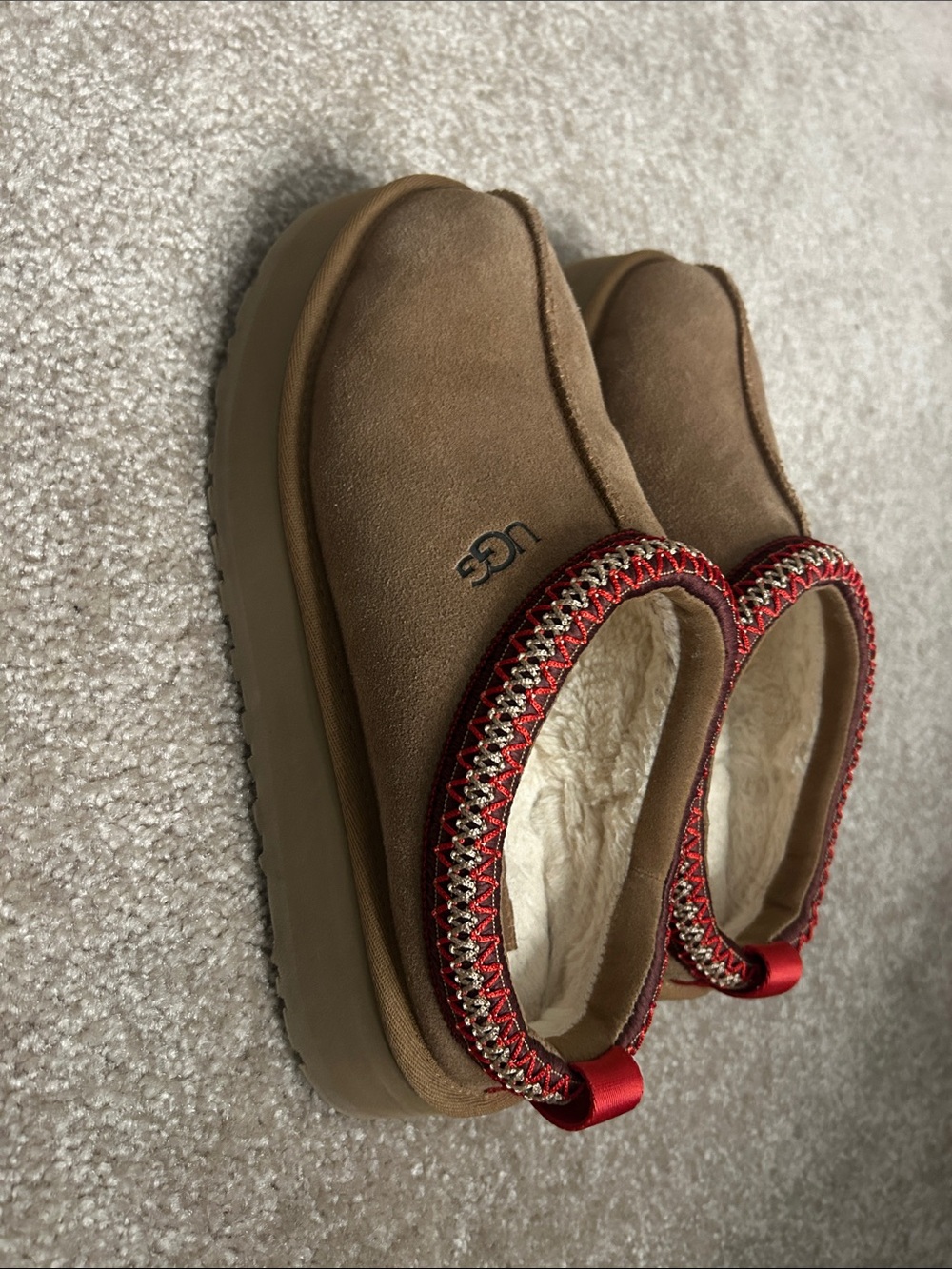 UGG Chestnut Suede Slip-On Clogs with Red Metallic Trim
